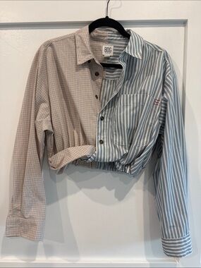 BDG Two-Pattern Blue and Beige Cropped Button-Down Shirt